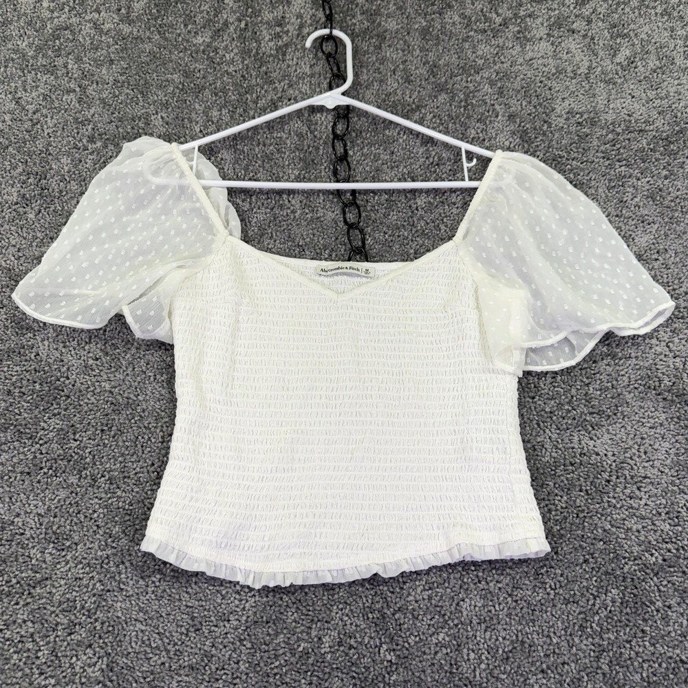 Abercrombie & Fitch Blouse Womens Medium White Puff Sleeve Smocked Cropped Top